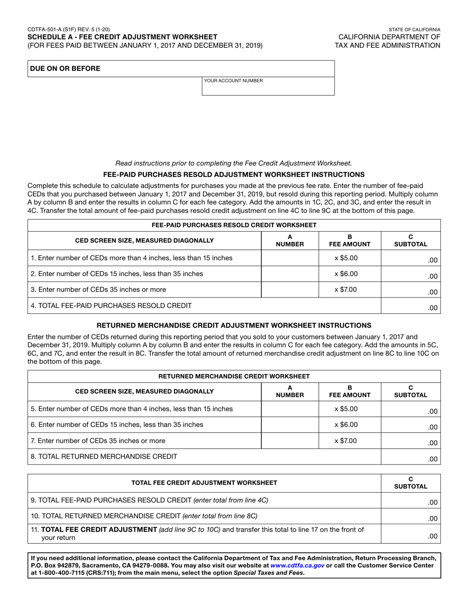 Form CDTFA-501 Schedule A Fee Credit Adjustment Worksheet - California, Page 1