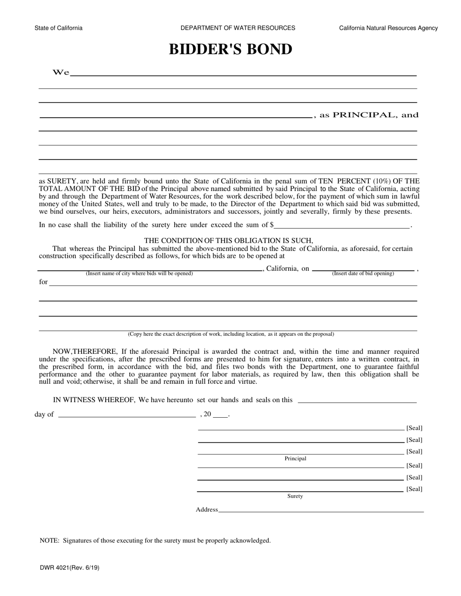 Form DWR4021 Bidders Bond - California, Page 1
