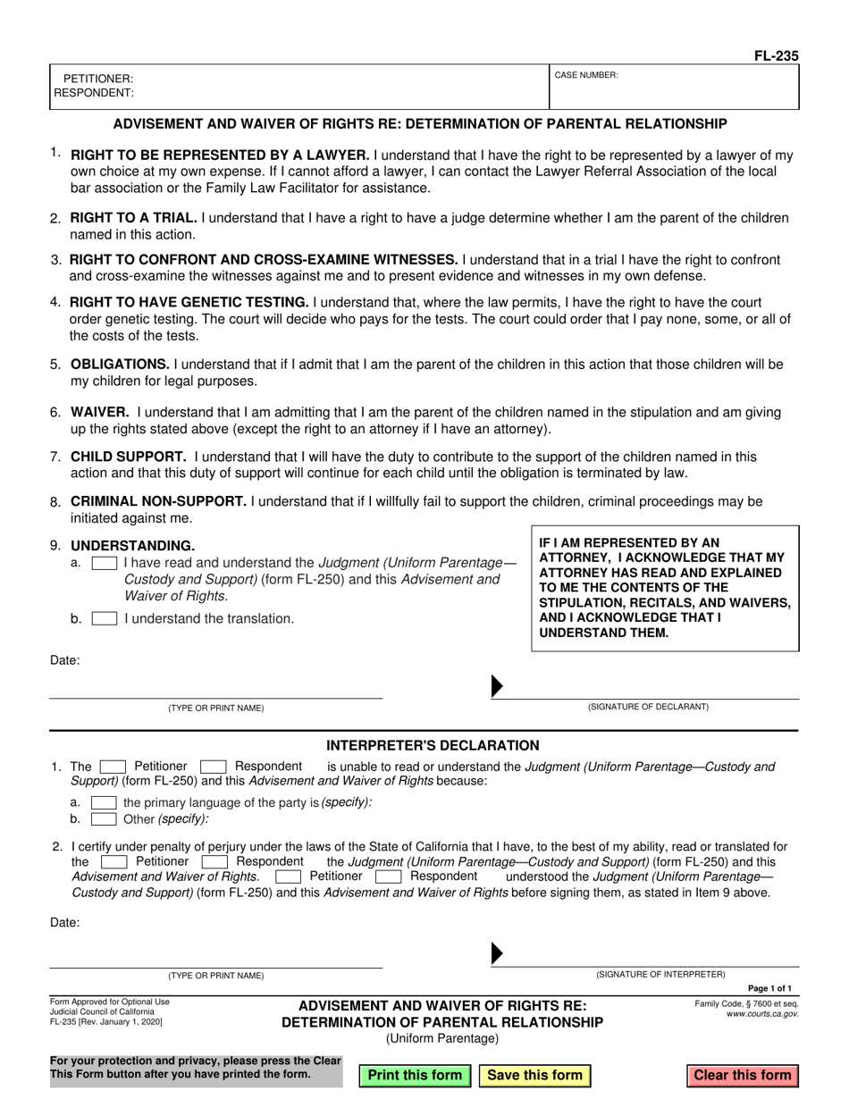 Form FL-235 Advisement and Waiver of Rights Re: Determination of Parental Relationship (Uniform Parentage) - California, Page 1