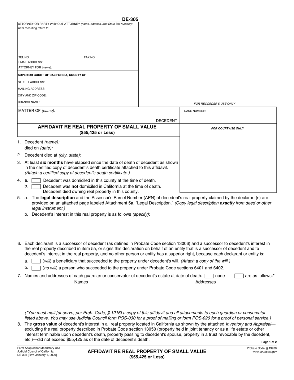 Form DE-305 Affidavit Re Real Property of Small Value ($55,425 or Less) - California, Page 1