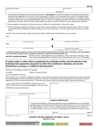 Form DE-305 Affidavit Re Real Property of Small Value ($55,425 or Less) - California, Page 2