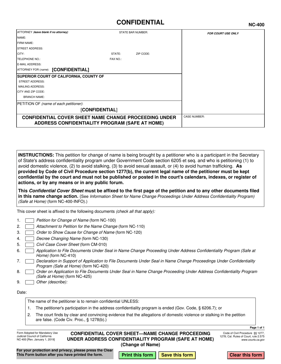 Form NC-400 Confidential Cover Sheet - Name Change Proceeding Under Address Confidentiality Program (Safe at Home) - California, Page 1