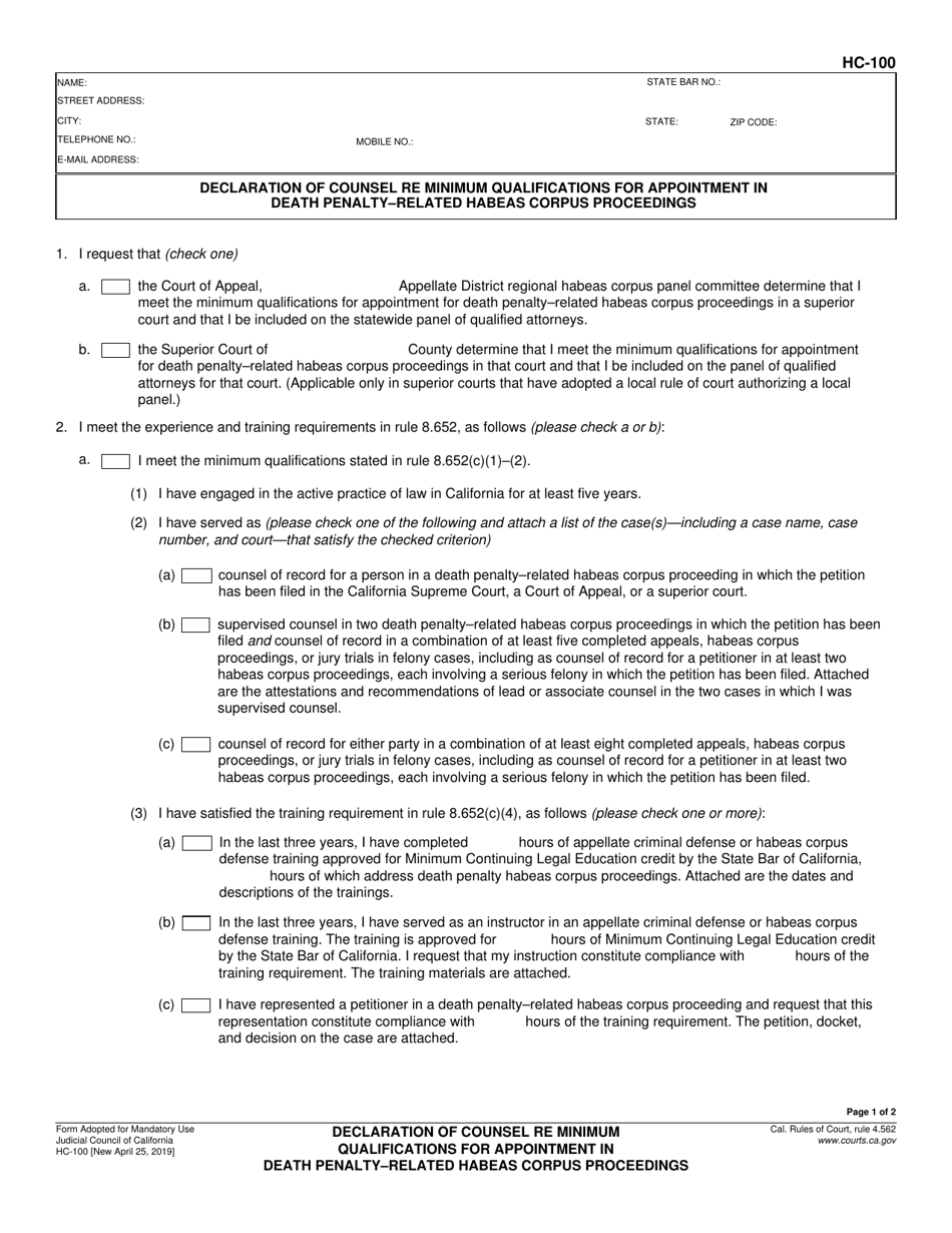 Form HC-100 Declaration of Counsel Re Minimum Qualifications for Appointment in Death Penalty-Related Habeas Corpus Proceedings - California, Page 1