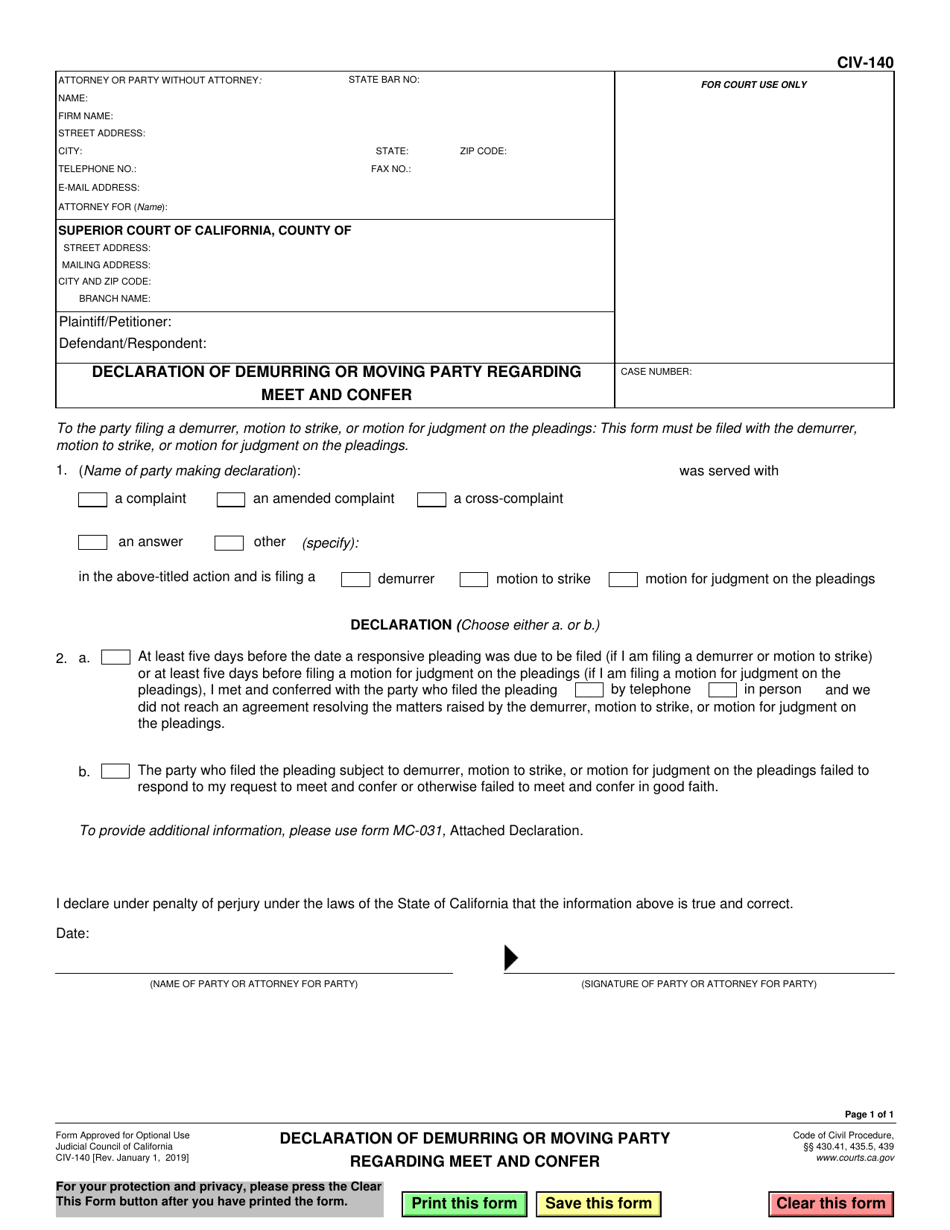 Form CIV-140 Download Fillable PDF or Fill Online Declaration of ...