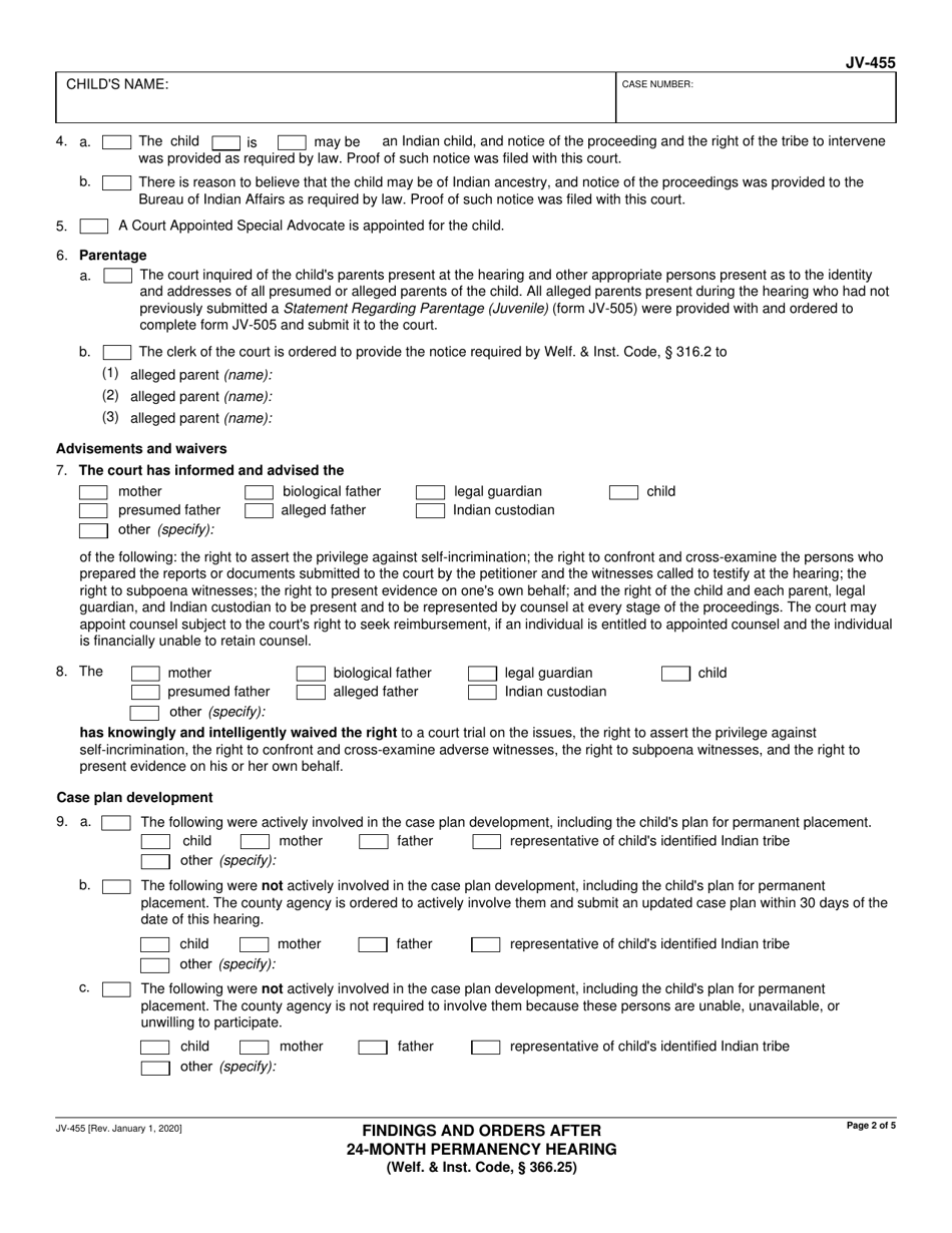 Form JV-455 Download Fillable PDF or Fill Online Findings and Orders ...