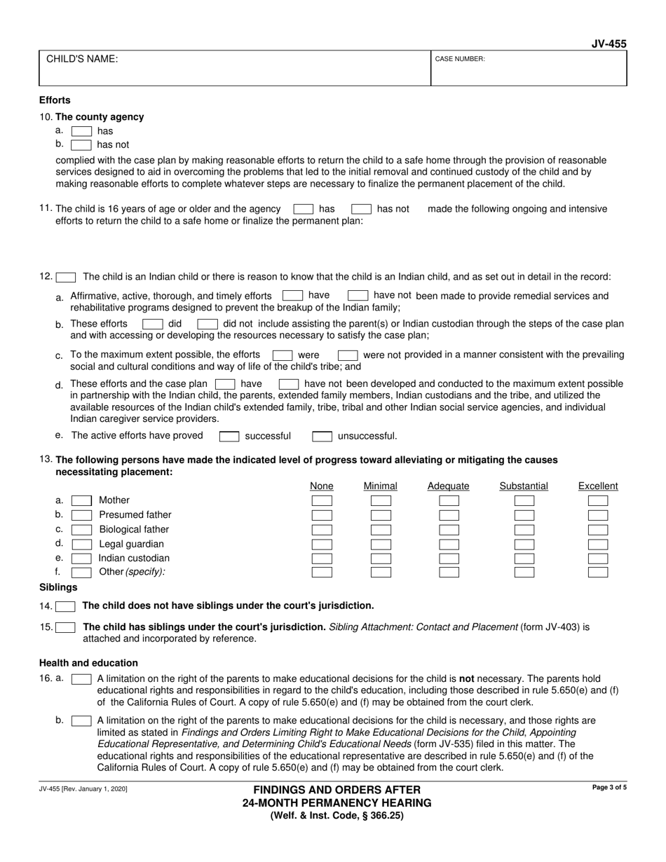Form JV-455 Findings and Orders After 24-month Permanency Hearing (Welf.  Inst. Code, 366.25) - California, Page 3