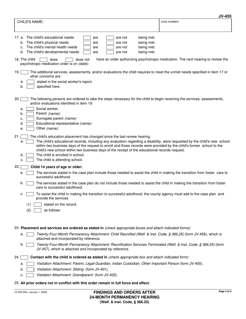 Form JV-455 Findings and Orders After 24-month Permanency Hearing (Welf.  Inst. Code, 366.25) - California, Page 4
