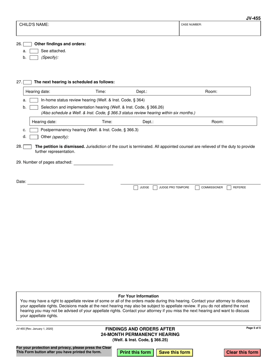 Form JV-455 Findings and Orders After 24-month Permanency Hearing (Welf.  Inst. Code, 366.25) - California, Page 5