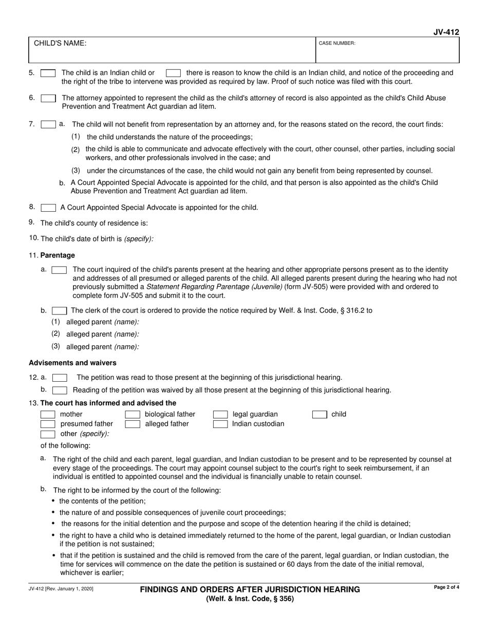 Form JV-412 Findings and Orders After Jurisdiction Hearing (Welf.  Inst. Code, 356) - California, Page 2