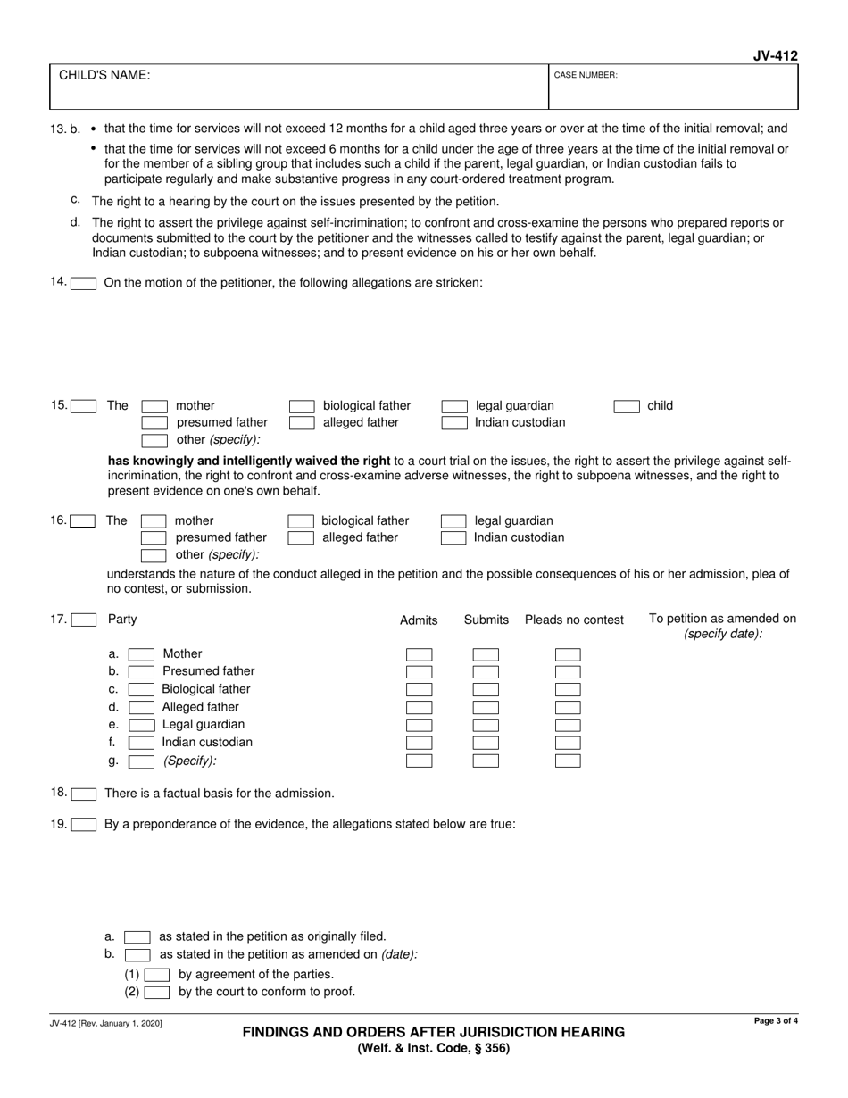 Form JV-412 Findings and Orders After Jurisdiction Hearing (Welf.  Inst. Code, 356) - California, Page 3