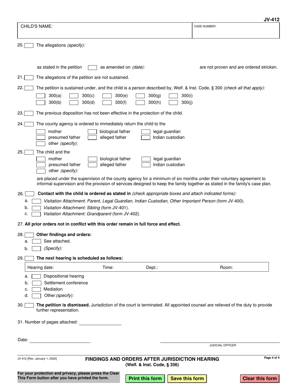 Form JV-412 Findings and Orders After Jurisdiction Hearing (Welf.  Inst. Code, 356) - California, Page 4