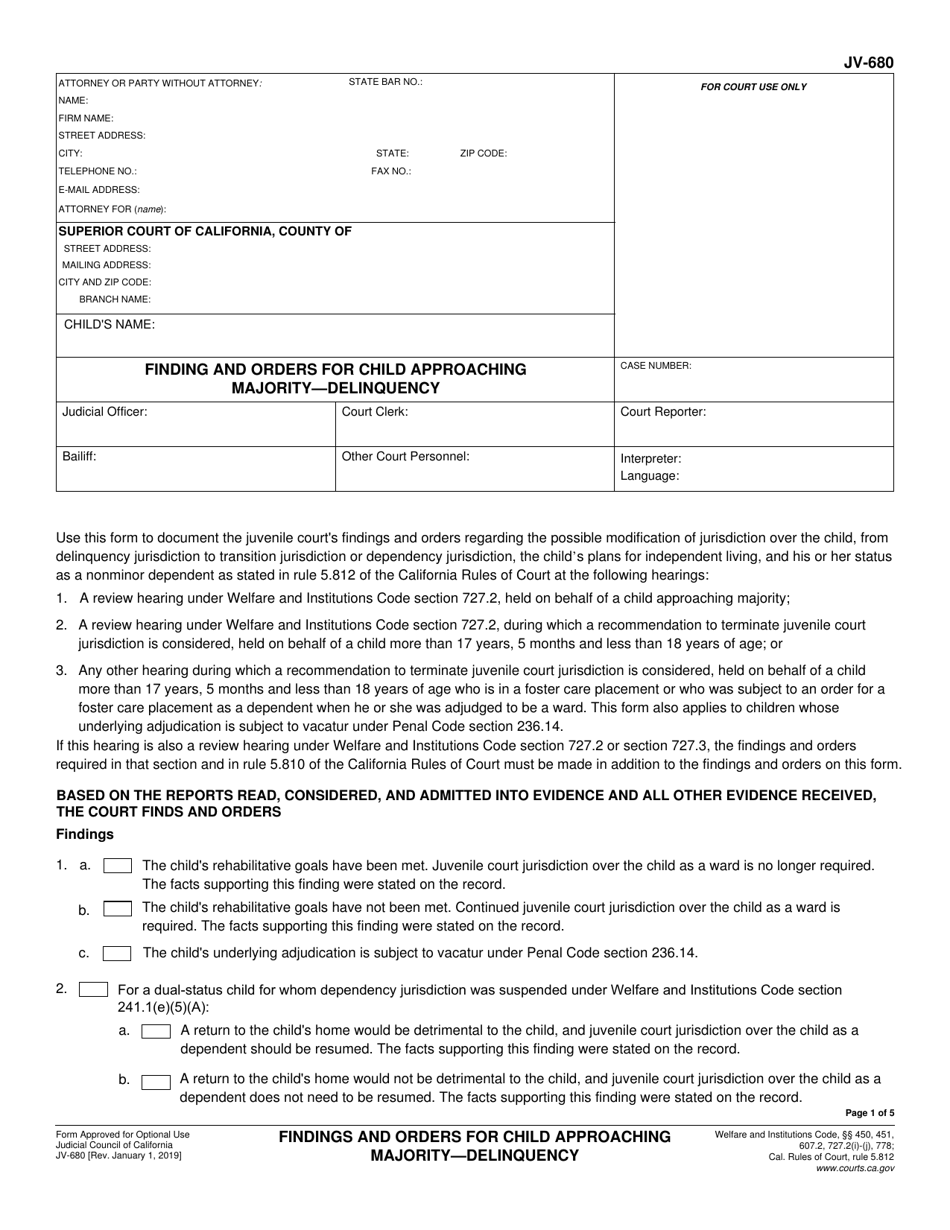 Form JV-680 Findings and Orders for Child Approaching Majority - Delinquency - California, Page 1