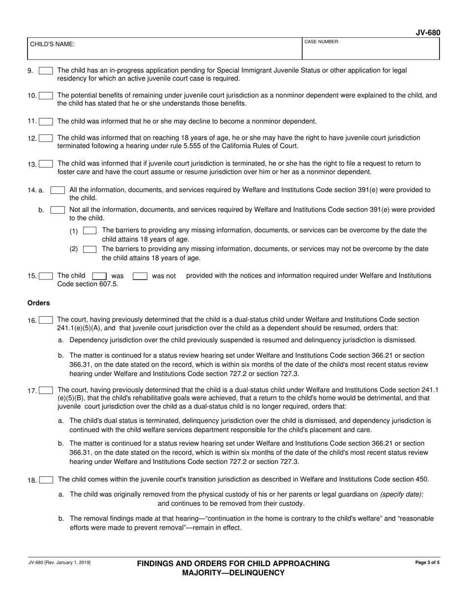 Form JV-680 Findings and Orders for Child Approaching Majority - Delinquency - California, Page 3