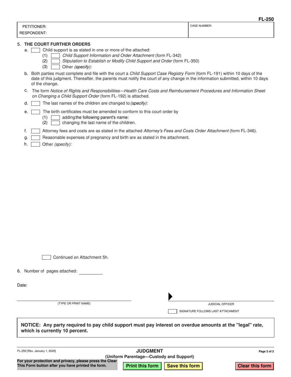 Form FL-250 Download Fillable PDF or Fill Online Judgment (Uniform ...