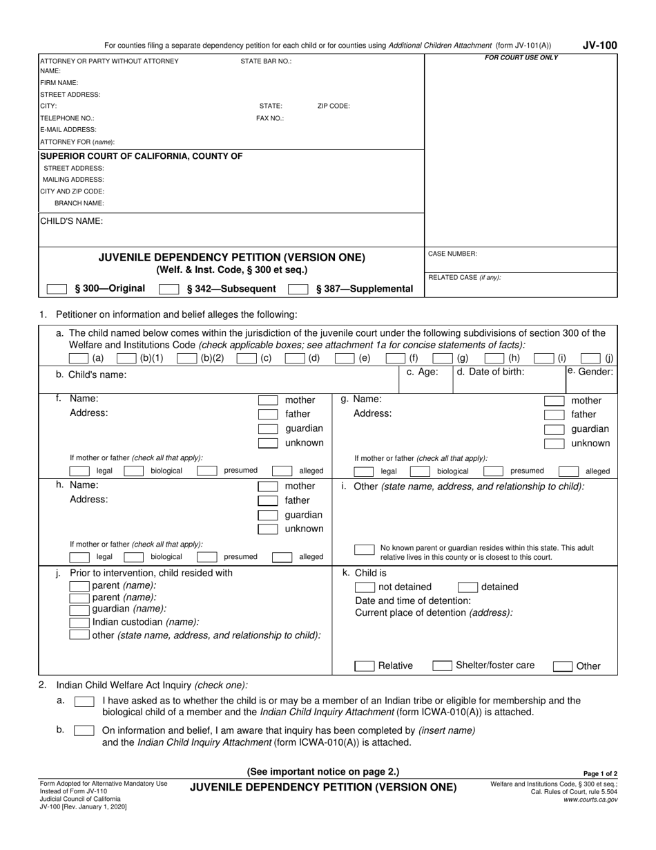 Form JV-100 Juvenile Dependency Petition (Version One) - California, Page 1