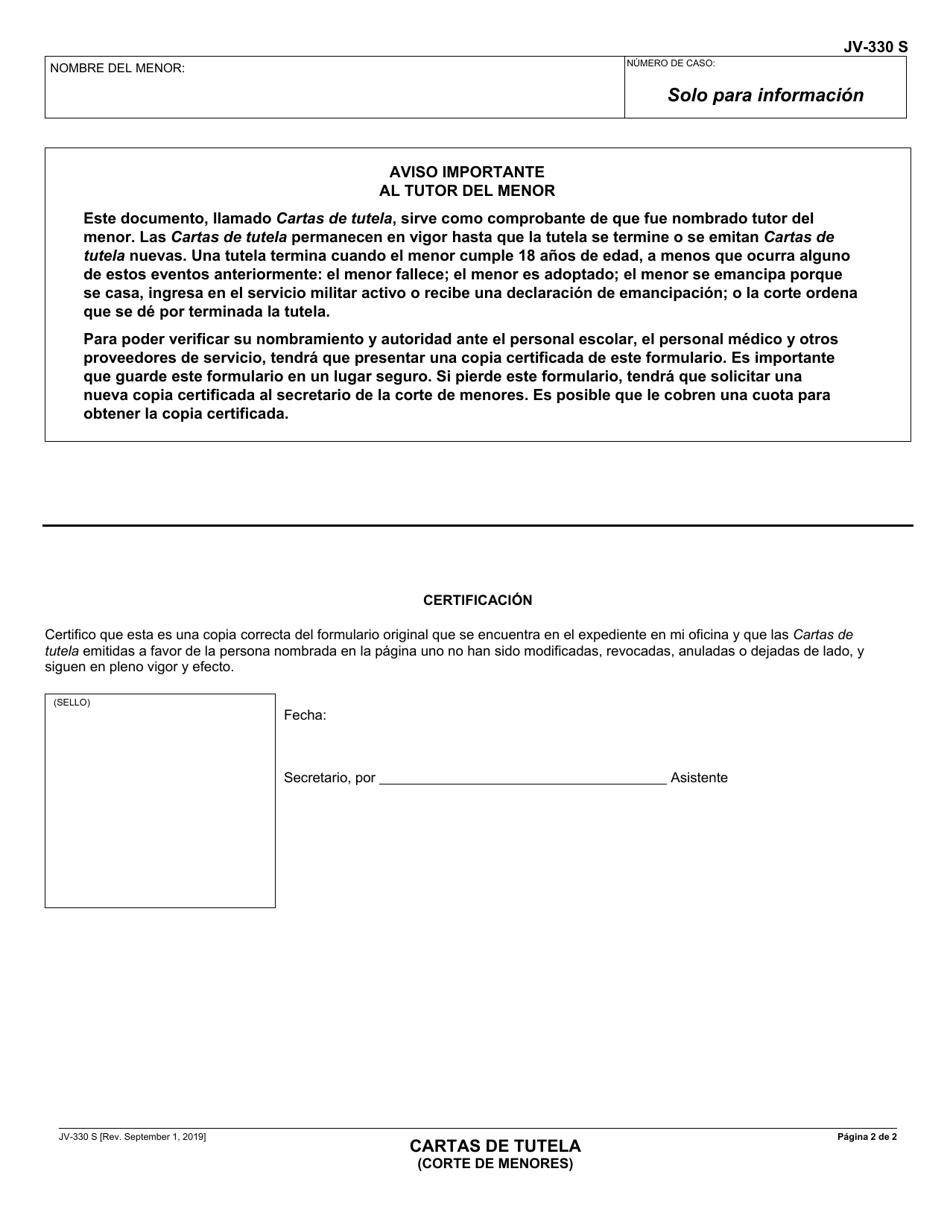 Formulario JV-330 Cartas De Tutela (Corte De Menores) - California (Spanish), Page 2