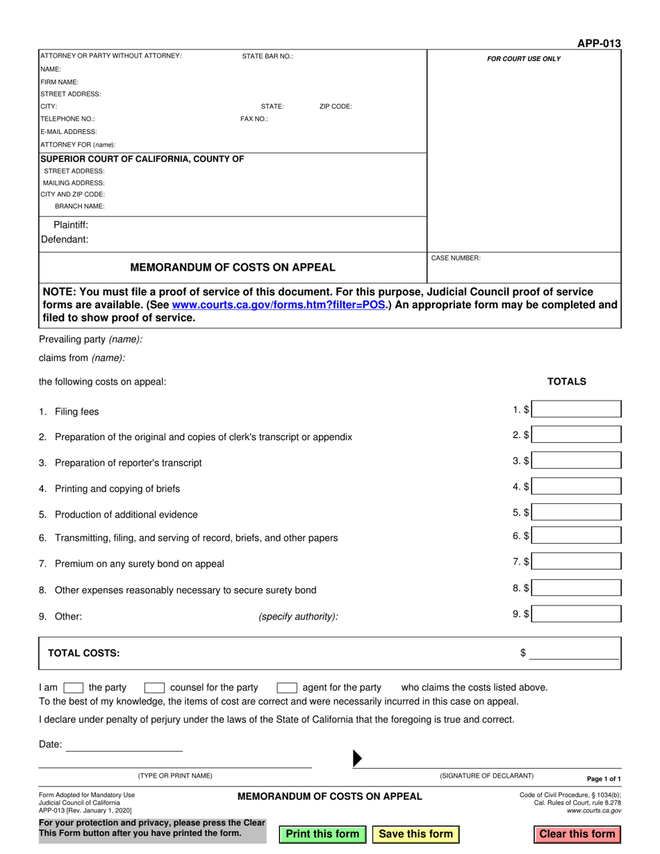Form APP-013 Memorandum of Costs on Appeal - California, Page 1