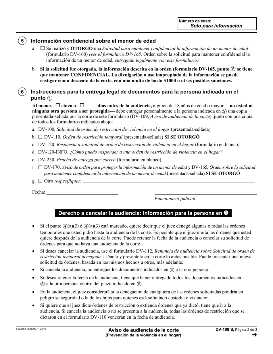 Formulario DV-109 Aviso De Audiencia De La Corte - California (Spanish), Page 2