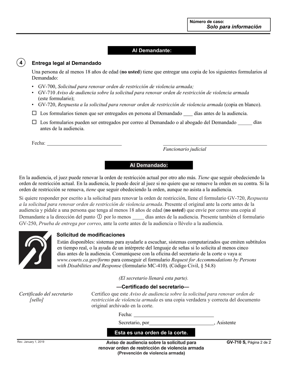 Formulario GV-710 Aviso De Audiencia Sobre La Solicitud Para Renovarorden De Restriccion De Violencia Armada - California (Spanish), Page 2