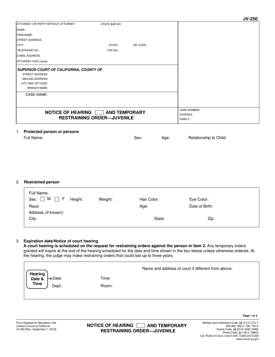 Form JV-250 Notice of Hearing and Temporary Restraining Order - Juvenile - California, Page 1