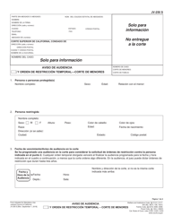 Document preview: Formulario JV-250 Aviso De Audiencia Y Orden De Restriccion Temporal - Corte De Menores - California (Spanish)