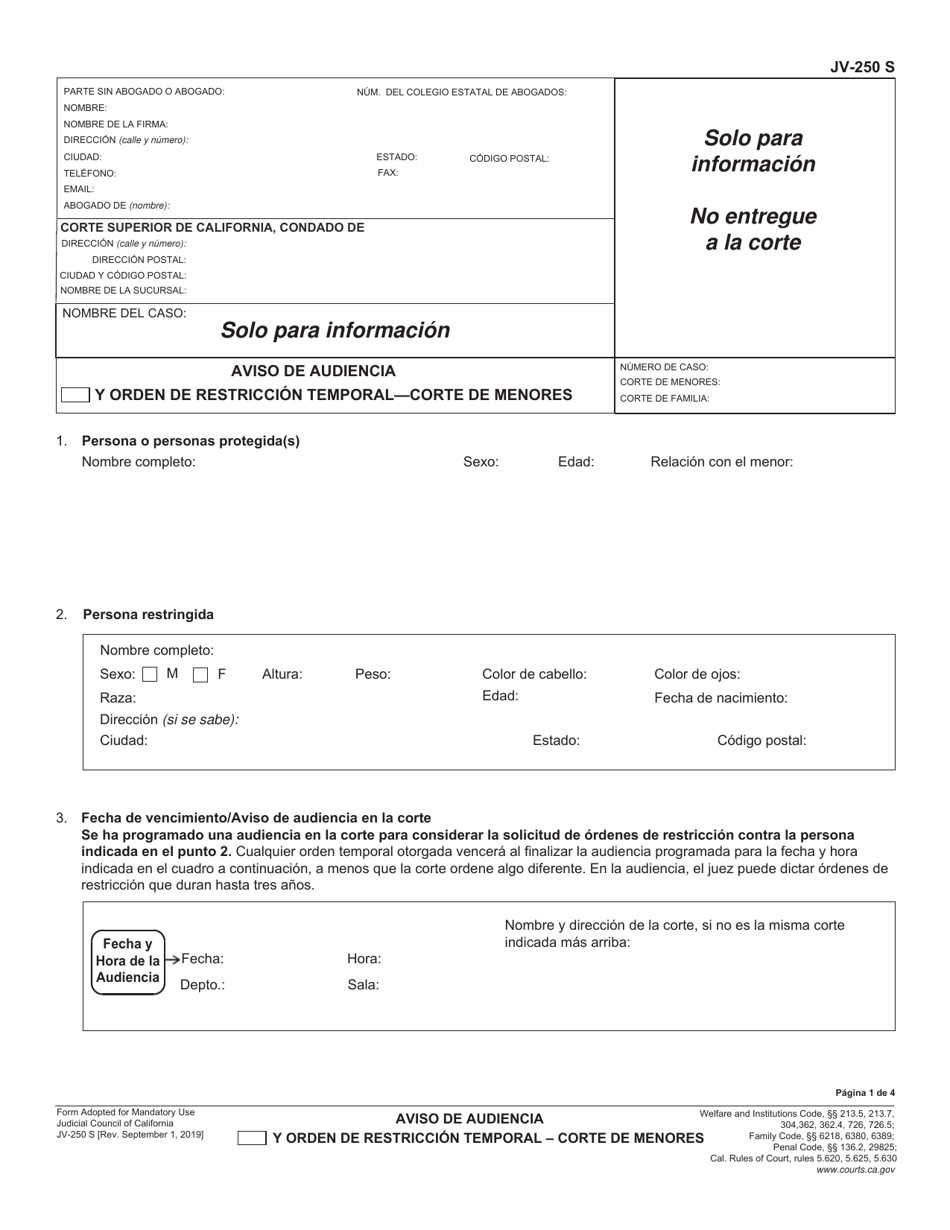 Formulario JV-250 Aviso De Audiencia Y Orden De Restriccion Temporal - Corte De Menores - California (Spanish), Page 1