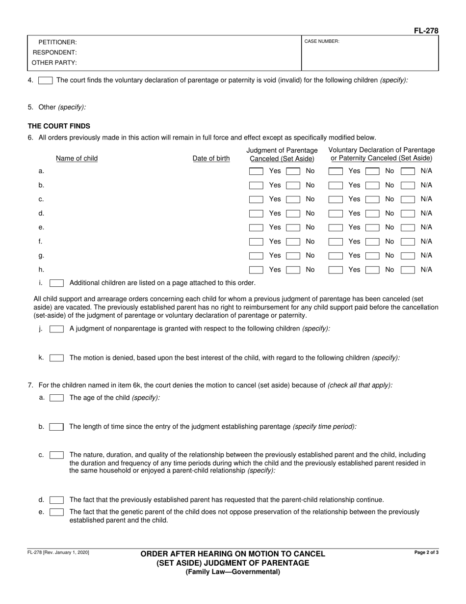 Form FL-278 Order After Hearing on Motion to Cancel (Set Aside) Judgment of Parentage (Family Law - Governmental) - California, Page 2