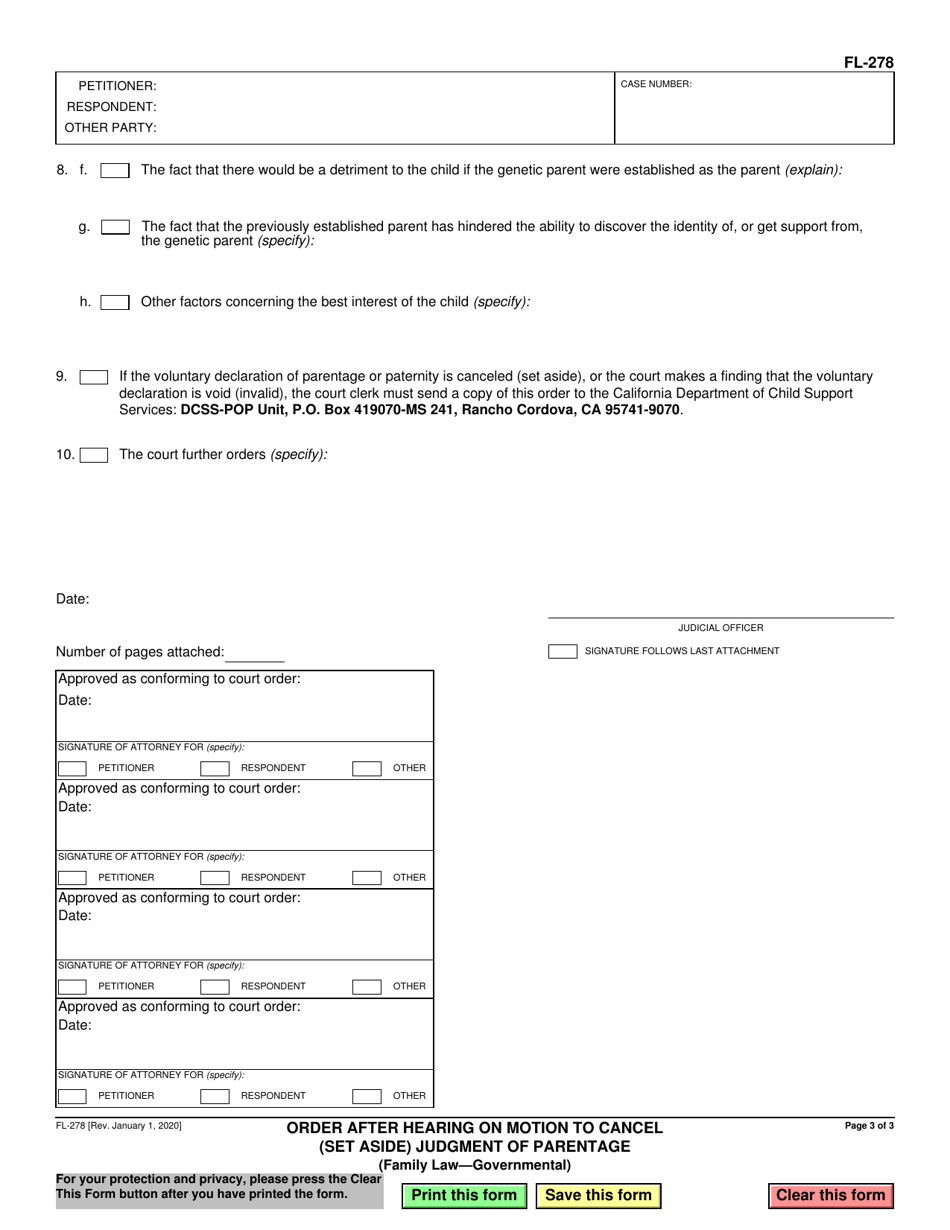 Form FL-278 Order After Hearing on Motion to Cancel (Set Aside) Judgment of Parentage (Family Law - Governmental) - California, Page 3