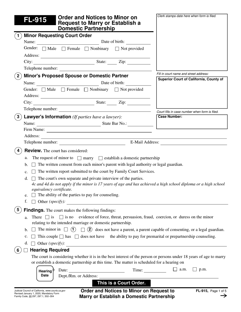 Form FL-915 Order and Notices to Minor on Request to Marry or Establish a Domestic Partnership - California, Page 1