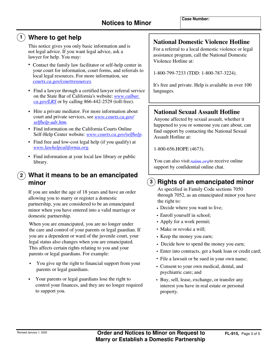 Form FL-915 Order and Notices to Minor on Request to Marry or Establish a Domestic Partnership - California, Page 3