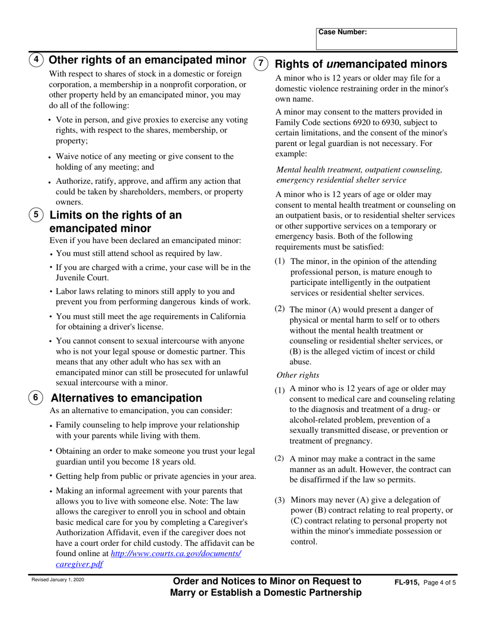 Form FL-915 Order and Notices to Minor on Request to Marry or Establish a Domestic Partnership - California, Page 4