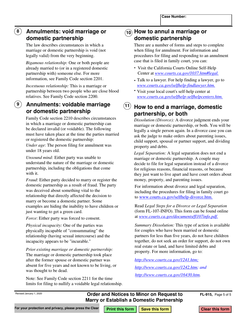 Form FL-915 Order and Notices to Minor on Request to Marry or Establish a Domestic Partnership - California, Page 5