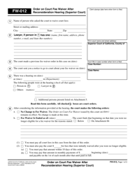 Document preview: Form FW-012 Order on Court Fee Waiver After Reconsideration Hearing (Superior Court) - California