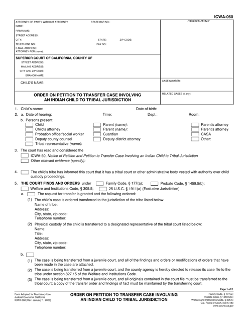 Form ICWA-060 Order on Petition to Transfer Case Involving an Indian Child to Tribal Jurisdiction - California
