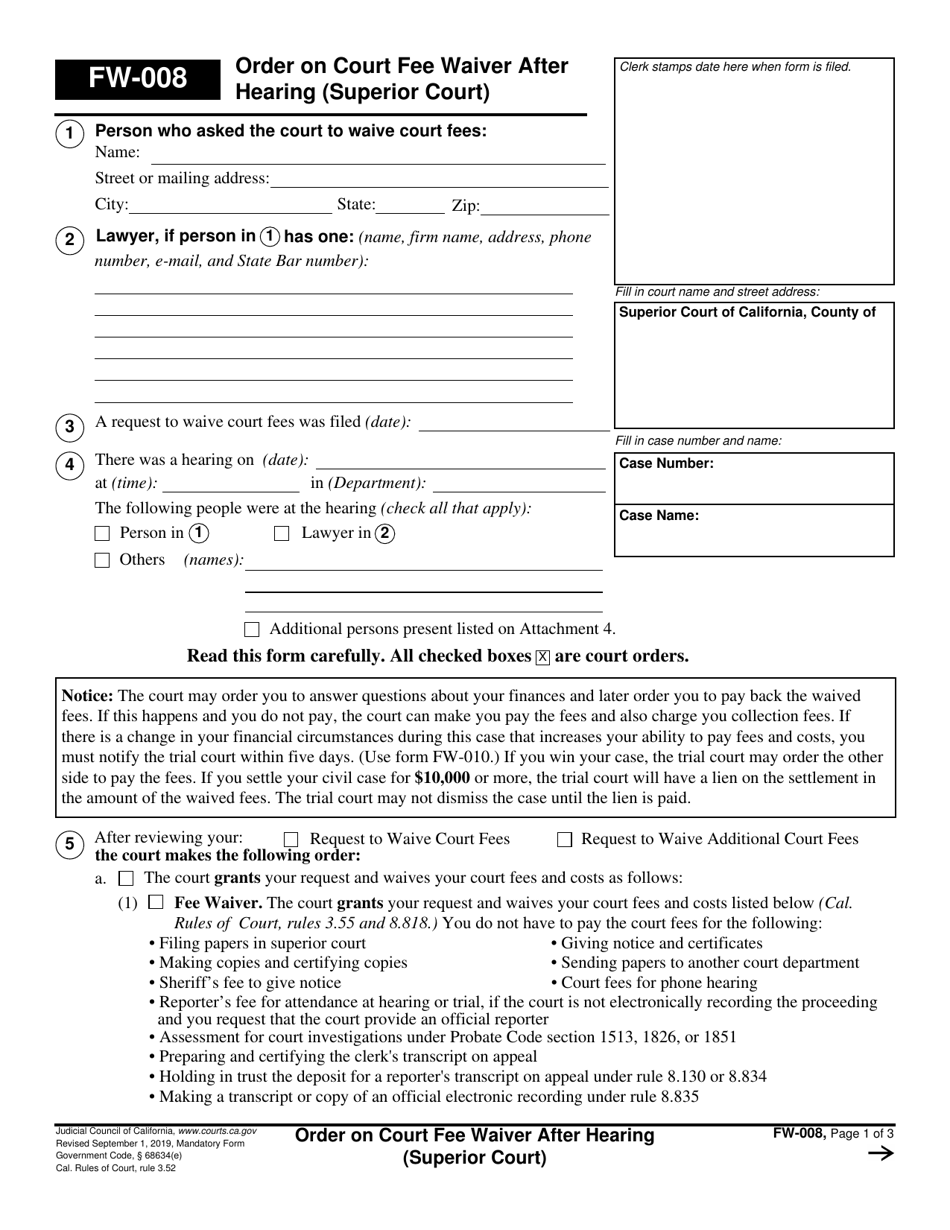 Form FW-008 Order on Court Fee Waiver After Hearing (Superior Court) - California, Page 1