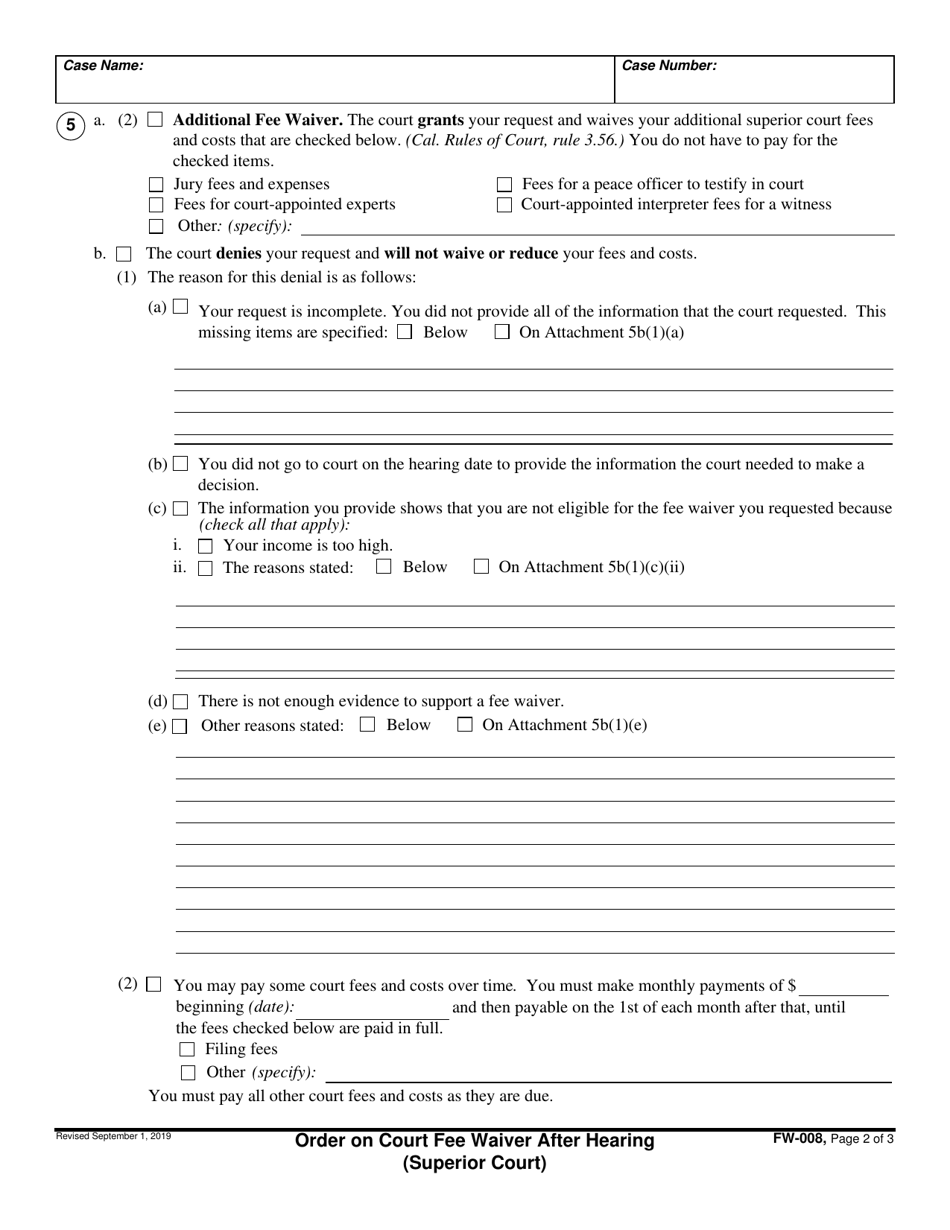 Form FW-008 Order on Court Fee Waiver After Hearing (Superior Court) - California, Page 2