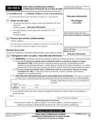 Formulario DV-165 Orden Sobre La Solicitud Para Mantener Confidencial La Informacion De Un Menor De Edad - California (Spanish)