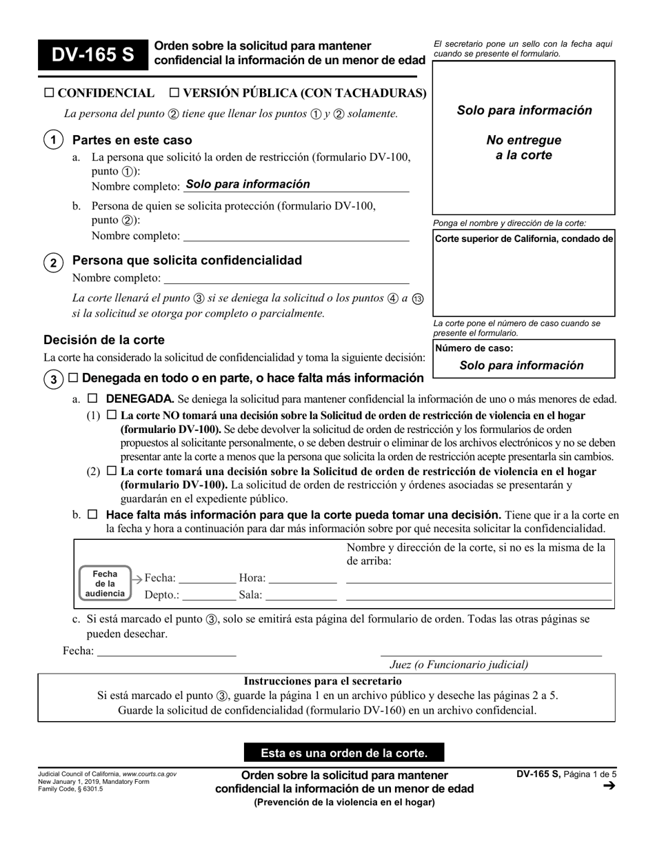 Formulario DV-165 Orden Sobre La Solicitud Para Mantener Confidencial La Informacion De Un Menor De Edad - California (Spanish), Page 1