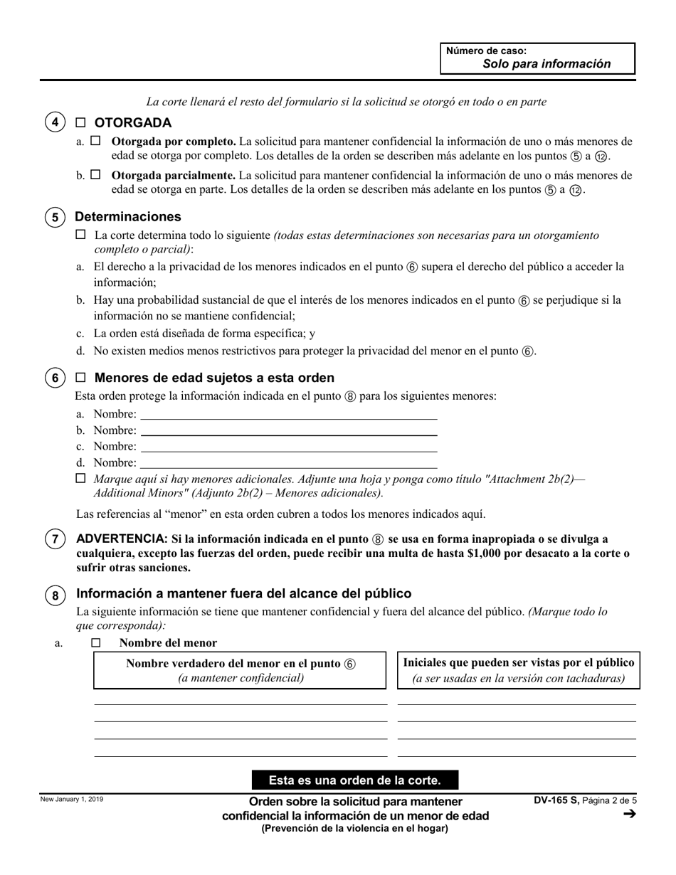 Formulario DV-165 Orden Sobre La Solicitud Para Mantener Confidencial La Informacion De Un Menor De Edad - California (Spanish), Page 2
