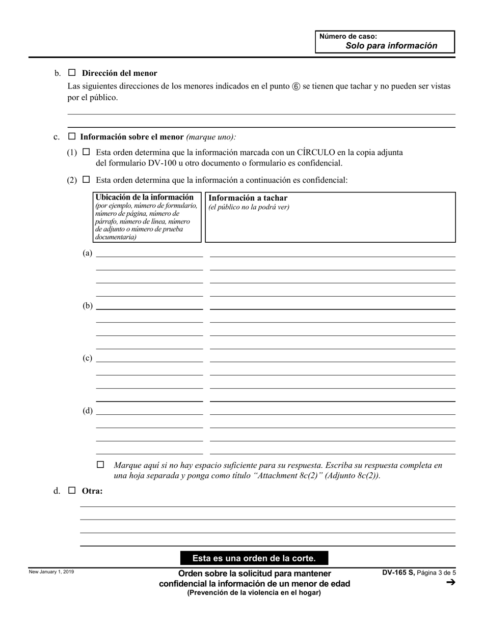 Formulario DV-165 Orden Sobre La Solicitud Para Mantener Confidencial La Informacion De Un Menor De Edad - California (Spanish), Page 3