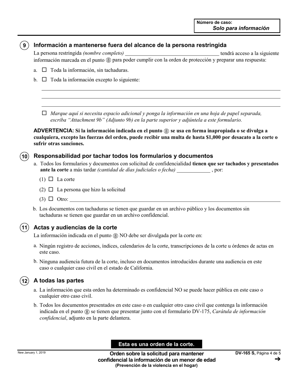 Formulario DV-165 Orden Sobre La Solicitud Para Mantener Confidencial La Informacion De Un Menor De Edad - California (Spanish), Page 4