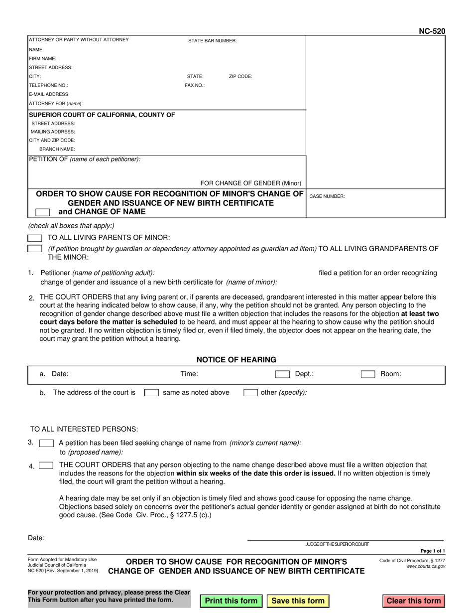 Form NC-520 Order to Show Cause for Recognition of Minor's Change of Gender and Issuance of New Birth Certificate - California, Page 1