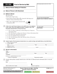Document preview: Form DV-250 Proof of Service by Mail (Clets) - Domestic Violence Prevention - California