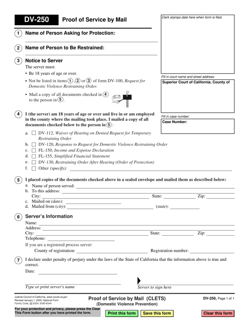 Form DV-250 Proof of Service by Mail (Clets) - Domestic Violence Prevention - California