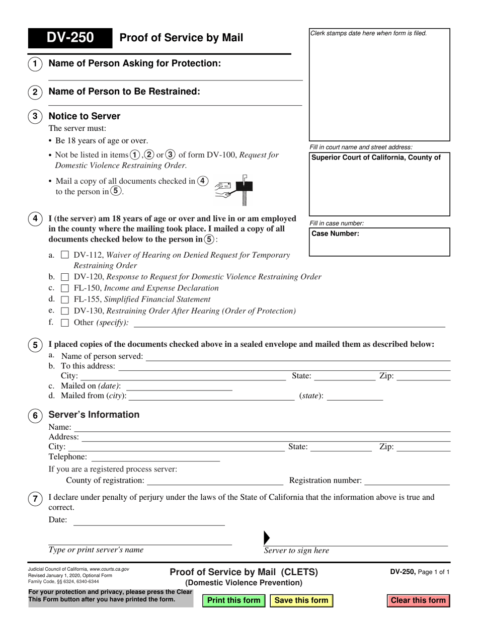 Form DV-250 Proof of Service by Mail (Clets) - Domestic Violence Prevention - California, Page 1