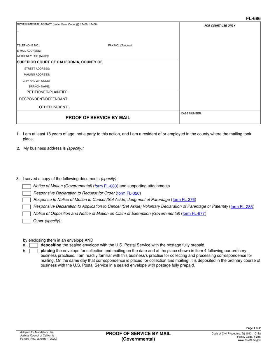 Form FL-686 Proof of Service by Mail (Governmental) - California, Page 1