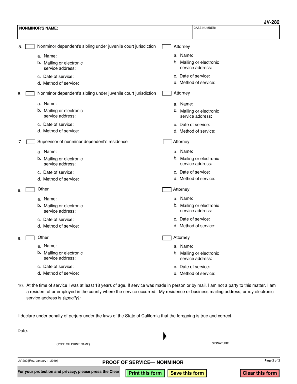 Form JV-282 Proof of Service - Nonminor - California, Page 2