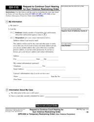 Document preview: Form GV-115 Request to Continue Court Hearing for Gun Violence Restraining Order (Epo-002 or Temporary Restraining Order) (Gun Violence Prevention) - California