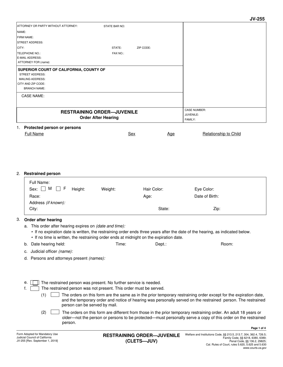 Form JV-255 Restraining Order - Juvenile - California, Page 1