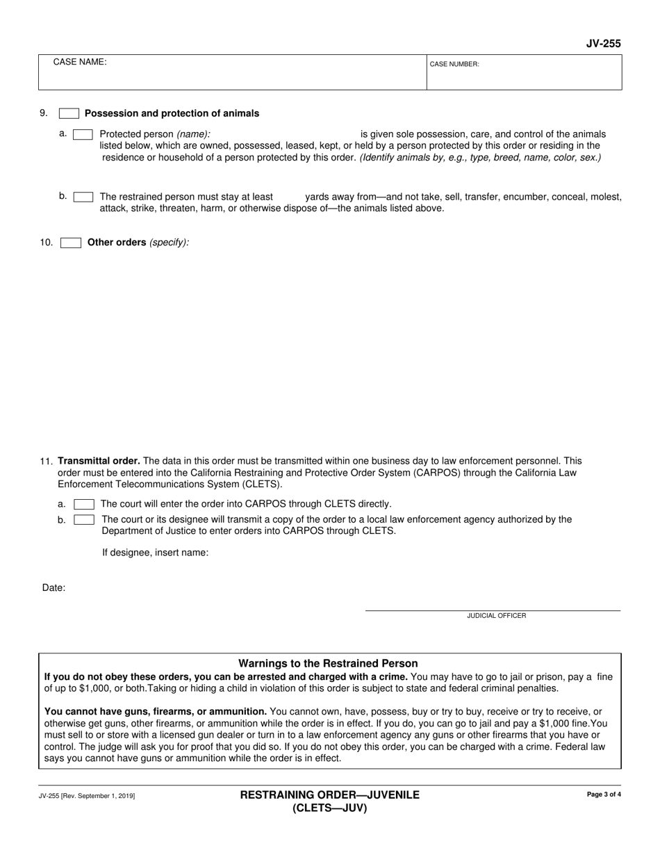 Form JV-255 Restraining Order - Juvenile - California, Page 3